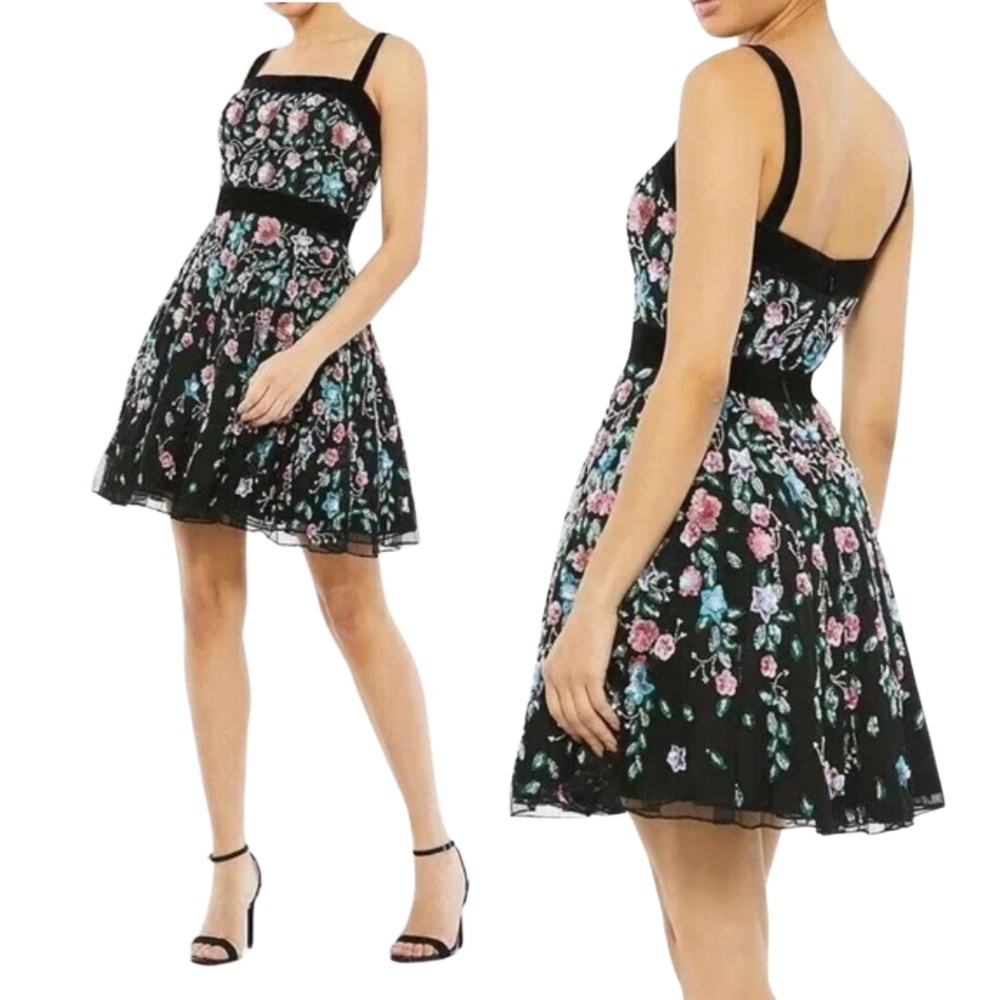 Mac Duggal Beaded Black Floral Mini Dress